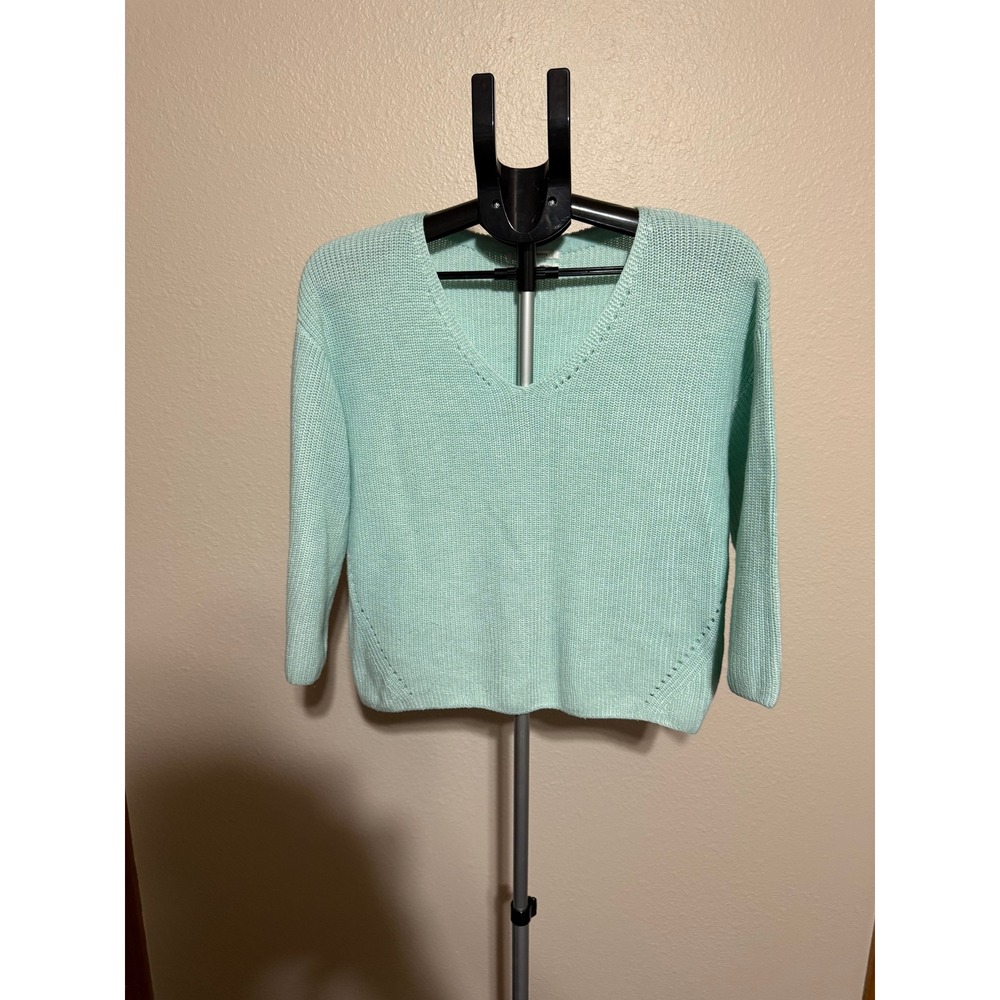 Anthropologie Mint Green V-Neck Shaker Stitch Knit Sweater XS‎ 3/4 Sle Pullover